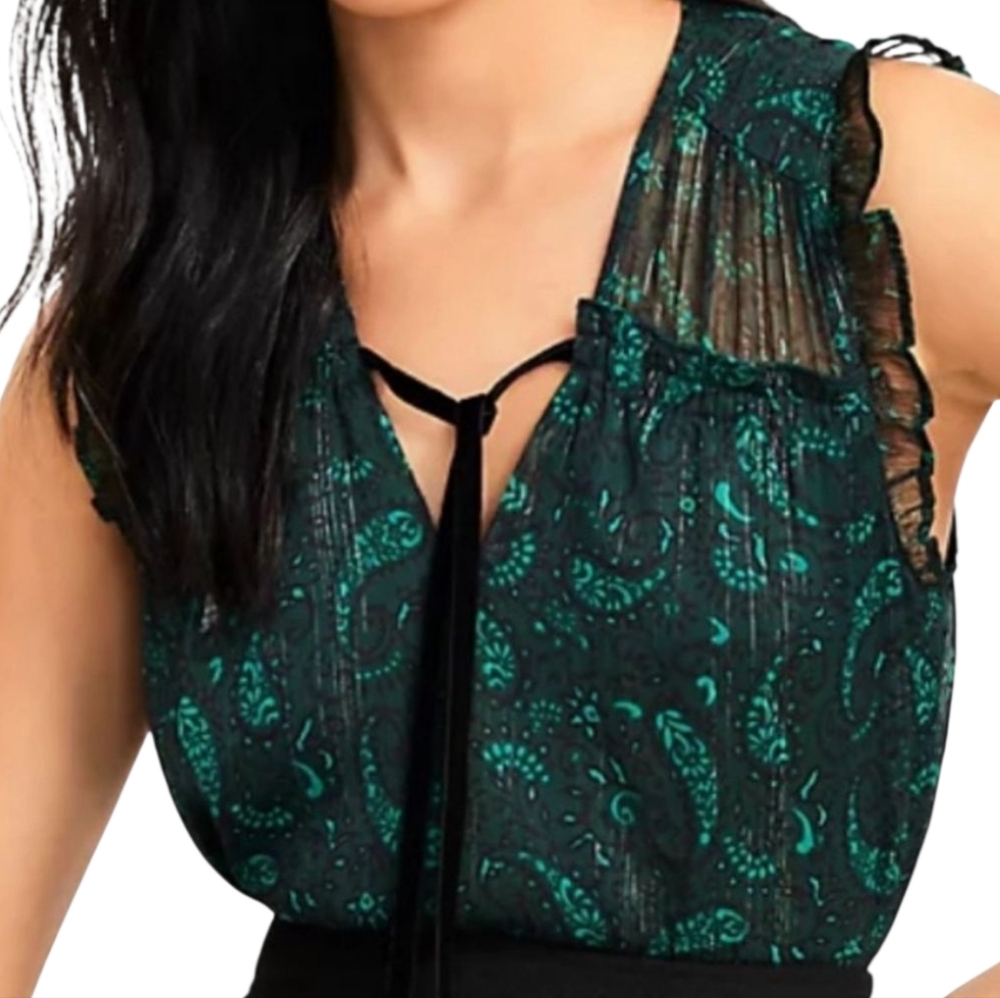 Loft Sheer Green Black Shimmer Velvet Tie Neck Ruffle Sleeveless‎ Blouse Top L - Picture 5 of 15